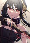  1girl absurdres bag black_hair blood blood_on_weapon bow breasts cleavage closed_mouth collarbone copyright_name earrings floating_hair grey_background hair_between_eyes hair_bow hairband highres holding holding_weapon jewelry kakuzatou_(cubesugar03196) looking_at_viewer medium_breasts nail_polish red_eyes red_lips red_nails shiny shiny_hair short_hair_with_long_locks sidelocks solo spy_x_family upper_body weapon yellow_bow yellow_hairband yor_briar 
