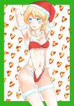  1girl abs armpits arms_behind_head arms_up bangs bikini blonde_hair blue_eyes border braid breasts christmas cleavage commentary cowboy_shot darjeeling_(girls_und_panzer) fur-trimmed_legwear fur_armlet fur_trim girls_und_panzer green_border halterneck hat heart highres layered_bikini looking_at_viewer medium_breasts navel o-ring o-ring_bikini open_mouth red_bikini red_headwear santa_bikini santa_hat short_hair smile solo standing swimsuit thighhighs twin_braids white_bikini white_thighhighs zouni_(asahi_ruyoru) 