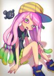  1girl absurdres bangs baseball_cap black_shirt blonde_hair bracelet chromatic_aberration clownfish colored_eyelashes colored_skin drooling eyelashes fish frown gradient_hair green_eyes green_hair hand_on_own_leg harmony&#039;s_clownfish_(splatoon) harmony_(splatoon) hat highres icetea774 jewelry long_hair low_twintails miniskirt multicolored_clothes multicolored_footwear multicolored_hair multicolored_headwear no_nose open_mouth pink_hair pink_pupils pleated_skirt shadow shirt shoes short_sleeves sitting skirt splatoon_(series) splatoon_3 striped striped_headwear tentacle_hair twintails very_long_hair 
