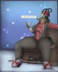  anthro beverage big_breasts breasts clothed clothing coffee crocodile crocodilian crocodylid dialogue female female/female footwear gun hat headgear headwear hi_res horn looking_up photolol.03 ranged_weapon reptile rifle scalie sniper_(team_fortress_2) sniper_rifle solo team_fortress_2 text thick_thighs valve video_games weapon 