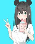  1girl animal_ears black_hair blue_background blush cup disposable_cup drinking drinking_straw earrings eyebrows_hidden_by_hair fake_animal_ears green_eyes haseneko highres holding holding_cup idolmaster idolmaster_cinderella_girls jewelry long_hair looking_at_viewer shibuya_rin shirt short_sleeves simple_background solo upper_body v white_shirt 