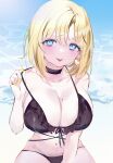  1girl :p absurdres bangs bikini blonde_hair blue_eyes blush breasts cleavage earrings eyelashes frilled_bikini frills heart heart_earrings highres hololive hololive_english jewelry large_breasts looking_at_viewer mile_(off8mile) mole mole_on_breast navel ocean short_hair sitting solo swimsuit tongue tongue_out virtual_youtuber watson_amelia wet yellow_nails 