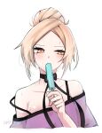  1girl alternate_hairstyle bare_shoulders blonde_hair blush collarbone counter:side eating flat_chest highres laura_beatrix loose_clothes popsicle_in_mouth signature solo sweat white_background yellow_eyes zanlyu 