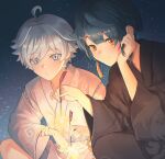  2boys ahoge ally_17451 alternate_costume asymmetrical_hair bandaged_arm bandages bangs black_kimono blue_eyes blue_hair blush chongyun_(genshin_impact) closed_mouth commentary_request earrings fireworks genshin_impact hair_between_eyes hand_up head_rest holding_fireworks japanese_clothes jewelry kimono long_sleeves looking_at_viewer looking_away male_focus multiple_boys night night_sky outdoors short_hair sidelocks single_earring sky smile sparkler star_(sky) starry_sky tassel tassel_earrings white_kimono wide_sleeves xingqiu_(genshin_impact) yellow_eyes 