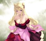  1girl bare_shoulders blonde_hair blue_eyes bracelet breasts cait_aron cleavage code_geass:_boukoku_no_akito double_bun dress fingernails hair_between_eyes hair_bun jewelry large_breasts leila_malcal long_hair looking_at_viewer nail_polish off-shoulder_dress off_shoulder pink_nails red_dress smile solo standing 