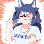  1girl animal_costume animal_ear_fluff animal_ears blue_hair breasts closed_eyes closed_mouth dire_wolf_(kemono_friends) eating highres kemono_friends kemono_friends_v_project large_breasts long_hair mcgunngu ribbon shirt simple_background smile solo virtual_youtuber white_shirt wolf_costume wolf_ears wolf_girl 