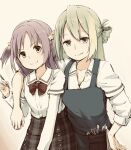  2girls alina_gray arm_over_shoulder bangs bow green_hair long_hair magia_record:_mahou_shoujo_madoka_magica_gaiden magical_girl mahou_shoujo_madoka_magica misono_karin multiple_girls purple_hair sakae_general_school_uniform sansho_ss school_uniform skirt soul_gem star_(symbol) 