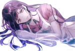  1girl bangs breasts closed_mouth collared_shirt danganronpa_(series) danganronpa_2:_goodbye_despair grey_apron grey_background large_breasts long_hair lying multicolored_hair on_side pink_eyes pink_hair pink_shirt puffy_short_sleeves puffy_sleeves purple_skirt sakuyu shiny shiny_hair shirt short_sleeves simple_background skirt solo tsumiki_mikan 