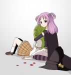  2girls alina_gray bangs black_headwear green_hair hat highres hug hug_from_behind magia_record:_mahou_shoujo_madoka_magica_gaiden magical_girl mahou_shoujo_madoka_magica matcha_(sdsk5275) misono_karin multiple_girls petals purple_hair sakae_general_school_uniform school_uniform skirt 