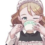  1girl alternate_costume blush covered_mouth cup dress drinking enmaided goodbye_bitmap green_eyes holding holding_cup idolmaster idolmaster_cinderella_girls light_brown_hair looking_at_viewer maid maid_headdress nail_polish one_eye_closed pinafore_dress simple_background solo teacup upper_body white_background yanagi_kiyora 