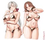  2girls arm_under_breasts arm_up bikini black_bikini blush bow breasts brown_eyes brown_hair chitose_(kancolle) chiyoda_(kancolle) cropped_legs curvy ebifurya furrowed_brow gold_bikini grey_eyes grey_hair hair_bow hand_up highres kantai_collection large_breasts long_hair low_ponytail medium_hair multiple_girls navel one_eye_closed open_mouth parted_lips side-tie_bikini simple_background skindentation stomach strap_gap swimsuit thighs twitter_username white_background white_bikini 