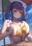  1boy 1girl ahoge azur_lane bangs bare_arms bare_shoulders beach_umbrella bikini blue_sky blush breast_squeeze breasts closed_mouth cloud collarbone day eyewear_on_head hetero highres huge_breasts long_hair male_pubic_hair micro_bikini motion_lines official_alternate_costume outdoors paizuri paizuri_over_clothes parasol penis pola_(azur_lane) pola_(seaside_coincidence)_(azur_lane) pubic_hair purple_hair red_eyes satou_aji sideboob sidelocks sky smile solo_focus sunglasses sweat swimsuit twintails umbrella underboob yellow_bikini 