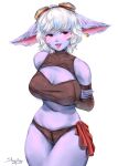  1girl :p alternate_breast_size arms_behind_back artist_name bangs bare_shoulders blush breasts brown_panties cleavage cowboy_shot earrings goggles goggles_on_head jewelry large_breasts league_of_legends panties red_eyes short_hair skindentation sleepingsol smile solo tongue tongue_out tristana underwear white_hair yordle 
