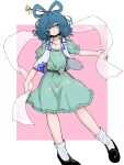  1girl aqua_dress black_footwear blue_eyes blue_hair closed_mouth collarbone dress fe_(tetsu) flower full_body hagoromo hair_between_eyes hair_ornament hair_rings hair_stick highres kaku_seiga open_clothes open_vest pink_flower shawl shoes short_hair short_sleeves smile socks solo touhou vest white_socks white_vest 