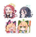  &gt;_&lt; =_= animal_ear_headphones arisu_(blue_archive) bangs black_hair blonde_hair blue_archive blue_necktie bow braid byako_(srktn) cat_ear_headphones collared_shirt crying green_eyes hair_bow halo headphones highres hood hooded_jacket jacket licking midori_(blue_archive) multicolored_clothes multicolored_jacket necktie one_side_up open_mouth parted_bangs red_hair shirt siblings sisters sweatdrop tears tongue twins white_bow white_jacket yuzu_(blue_archive) 