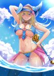  1girl arm_behind_head arm_up armpits ass_visible_through_thighs bangs bare_shoulders bikini blonde_hair blue_bikini blue_headwear blue_sky blush blush_stickers breasts cleavage cloud collarbone commentary_request cowboy_shot dark_magician_girl day duel_monster green_eyes grin groin hair_between_eyes hat highres holding holding_wand large_breasts long_hair looking_at_viewer muto_dt navel o-ring o-ring_bikini ocean partially_underwater_shot pink_skirt showgirl_skirt sidelocks skirt sky smile solo sparkle standing stomach swimsuit teeth underboob wading wand water_drop wizard_hat yu-gi-oh! 