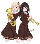  2girls absurdres alternate_costume bangs black_hair blonde_hair dated euphonium hair_ribbon hibike!_euphonium highres inoue_takina instrument kitauji_high_school_uniform long_hair lycoris_recoil multiple_girls neckerchief nishikigi_chisato pleated_skirt purple_eyes red_eyes red_ribbon ribbon sailor_collar school_uniform serafuku short_hair signature skirt socks trumpet tsunemoku white_background white_socks 