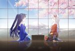  2girls blue_kimono blue_sky braid cherry_blossoms closed_eyes closed_mouth cloud_strife cup flower full_body hair_flower hair_ornament highres honkai_(series) honkai_impact_3rd japanese_clothes kiana_kaslana kimono long_hair long_sleeves multiple_girls orange_kimono ponytail purple_eyes purple_hair rafaelaaa raiden_mei seiza sitting sky socks table teacup teapot tree twin_braids white_hair white_socks 