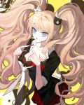  1girl :o bangs bear_hair_ornament black_necktie black_shirt blonde_hair blue_eyes bow breasts cleavage danganronpa:_trigger_happy_havoc danganronpa_(series) hair_ornament huang_du_du large_breasts long_hair lower_teeth miniskirt monokuma nail_polish necktie open_mouth red_bow red_nails red_skirt shiny shiny_hair shirt skirt solo teeth twintails white_necktie 