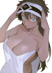  1girl adjusting_clothes adjusting_headwear black_hair blue_eyes breasts cleavage collarbone dark_skin dotsuco from_above hair_between_eyes headband large_breasts long_hair looking_at_viewer looking_up original see-through simple_background solo white_background 