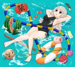  1girl :o arms_behind_head black_eyes bokken breasts butterfly_net chocolate_banana commentary fish floating food fruit goldfish goldfish_scooping hand_fan hand_net innertube kayari_buta large_breasts long_hair mobius_strip one-piece_swimsuit original paper_fan ramune rope_floats summer swimsuit sword uchiwa water water_balloon watermelon weapon white_hair wind_chime wooden_sword yajirushi_(chanoma) yo-yo 