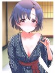  1girl bath_yukata black_hair blush breasts breasts_apart collarbone full-face_blush highres idolmaster idolmaster_cinderella_girls indoors japanese_clothes kimono looking_at_viewer mariabowl medium_breasts ryokan shiragiku_hotaru short_hair single_bare_shoulder solo yukata 