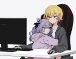  2girls :t alternate_costume bangs blonde_hair casual chair closed_mouth collarbone commentary cone_hair_bun desk earrings english_commentary grey_eyes grey_hair hair_between_eyes hair_bun hololive hololive_indonesia hood hoodie hug jacket jewelry kaela_kovalskia keyboard_(computer) long_hair long_sleeves mitsumine_(ookami_no_oyashiro) monitor mouse_(computer) multiple_girls open_clothes open_jacket pout purple_hoodie red_eyes shirt short_hair sitting upper_body vestia_zeta virtual_youtuber white_background white_shirt yuri 