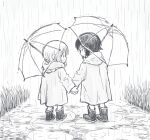  2girls :d boots child girls_und_panzer greyscale holding_hands monochrome multiple_girls mutsu_(layergreen) nishizumi_maho nishizumi_miho outdoors rain raincoat rubber_boots short_hair siblings sisters smile umbrella younger 