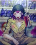  1boy bangs black_headwear braid breast_pocket can collarbone commentary_request danganronpa_(series) danganronpa_2:_goodbye_despair earrings grey_shirt holding holding_can jewelry jumpsuit looking_at_viewer orange_jumpsuit pink_eyes pink_hair pocket sakuyu sharp_teeth shirt short_hair short_sleeves side_braid smile solo souda_kazuichi spraying teeth tongue tongue_out upper_teeth watermark 