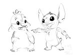  2022 3_toes alien ambiguous_gender antennae_(anatomy) buckteeth chest_tuft corgi_(artist) disney duo experiment_(lilo_and_stitch) feet gesture greyscale head_tuft lilo_and_stitch looking_at_another male_(lore) monochrome notched_ear open_mouth open_smile pointing reuben_(lilo_and_stitch) simple_background sketch smile standing stitch_(lilo_and_stitch) teeth toes tuft watermark white_background 
