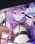  1girl absurdres bangs blurry blurry_background breasts closed_mouth crossed_bangs depth_of_field detached_sleeves hair_between_eyes hands_up highres hiyoku_no_crosspiece long_hair long_sleeves looking_at_viewer navel purple_hair red_eyes shisui_kiki small_breasts smile solo stomach sweat utsusumi_kio 