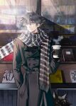  1boy absurdres animal bangs black_coat black_gloves black_hair book buttons closed_mouth coat coffee cup disposable_cup dog english_commentary fushiguro_megumi gloves green_eyes hair_between_eyes hand_in_pocket highres holding holding_cup ikag jujutsu_kaisen long_sleeves looking_away male_focus outdoors plaid plaid_scarf scarf shop short_hair smile solo spiked_hair standing steam winter winter_clothes 