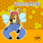  anthro arthropod bee brown_hair clothed clothing dialogue dimsun female fully_clothed hair happy hymenopteran insect overalls solo_focus 