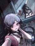  1girl :d apron bangs black_eyes black_hair blood blood_on_clothes blood_on_face blood_on_wall breasts collared_shirt danganronpa_(series) danganronpa_2:_goodbye_despair hand_up highres huang_du_du long_hair mirror mole mole_under_eye open_mouth pink_shirt selfie shiny shiny_hair shirt small_breasts smile solo tile_wall tiles tsumiki_mikan 