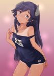  black_hair blue_swimsuit character_name cowboy_shot flat_chest fuji_(pixiv24804665) gradient gradient_background headgear highres i-400_(kancolle) kantai_collection long_hair looking_at_viewer name_tag one-piece_tan pink_background purple_eyes school_swimsuit steaming_body swimsuit tan tanlines 