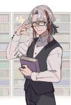  1boy adjusting_eyewear alternate_costume bespectacled black-framed_eyewear black_pants black_vest book bookshelf collared_shirt cowboy_shot fate/grand_order fate_(series) glasses grey_hair hair_between_eyes holding holding_book long_sleeves looking_at_viewer low_ponytail male_focus multicolored_hair odysseus_(fate) pants red_hair shirt short_ponytail smile solo sparkle streaked_hair tia_(cocorosso) vest white_background white_shirt yellow_eyes 