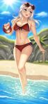  1girl :d absurdres alisa_ilinichina_amiella bangs bare_shoulders barefoot beach bikini blue_eyes blue_sky blurry blurry_background blush bracer breasts cleavage cloud collarbone commentary_request cowboy_shot day eyewear_on_head front-tie_bikini front-tie_top god_eater god_eater_burst groin hair_between_eyes hand_up highres hill large_breasts lens_flare long_hair looking_back navel ocean official_alternate_costume open_mouth outdoors plaid plaid_bikini red_bikini sidelocks sky smile solo standing standing_on_one_leg stomach sunglasses sunlight swimsuit teeth underboob upper_teeth watanuki_kaname water_drop 