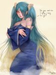  1girl artist_name bangs bare_shoulders blue_dress blue_sleeves blush breasts collar detached_sleeves dress english_text green_hair hair_ornament hair_over_one_eye kneeling large_breasts league_of_legends long_hair looking_at_viewer multicolored_hair parted_lips simple_background sleepingsol solo sona_(league_of_legends) twintails two-tone_hair very_long_hair white_background 