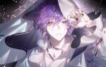  1boy arm_up ball bishounen black_nails collarbone earrings frilled_skirt frills galaxy glint highres holding holding_ball jewelry light_particles long_sleeves looking_at_another looking_at_viewer male_focus multicolored_hair nijisanji nijisanji_en puffy_sleeves purple_eyes purple_hair short_hair skirt solo sparkle stud_earrings uki_violeta upper_body veil virtual_youtuber zhumojian 
