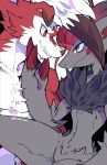  absurdres black_fur blue_eyes character_request claws commentary furry gacho_(220_vvv) highres looking_at_another pokemon pokemon_(creature) profile red_eyes red_fur sharp_teeth symbol-only_commentary teeth twitter_username white_fur zoroark 