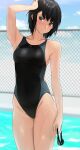  1girl amagami black_hair black_swimsuit blue_sky breasts brown_eyes chain-link_fence cloud competition_swimsuit cowboy_shot fence goggles goggles_removed groin highres looking_at_viewer nanasaki_ai one-piece_swimsuit pool poolside short_hair sky small_breasts solo swimsuit two-tone_swimsuit yoo_tenchi 
