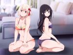  2girls ass back bangs bare_shoulders barefoot bed bedroom black_hair blonde_hair blurry blurry_background bob_cut bra breasts butt_crack closed_mouth from_side full_body hair_ribbon hands_on_own_thighs inoue_takina large_breasts long_hair looking_at_viewer lycoris_recoil multiple_girls navel nishikigi_chisato one_side_up orange_bra orange_panties panties parted_lips purple_bra purple_eyes purple_panties red_eyes red_ribbon ribbon sbel02 seiza short_hair sitting small_breasts smile underwear underwear_only 