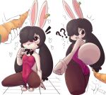  &lt;3 &lt;3_eyes 5_fingers anthro birshy black_hair blush bottomwear bow_tie breasts butt carrot claws cleavage clothed clothing crouching digital_media_(artwork) ear_piercing female fingers food footwear fur gloves hair hair_over_eye handwear hi_res lagomorph legwear leotard leporid long_hair looking_back mammal navel navel_outline one_eye_obstructed open_mouth piercing pigtails plant rabbit rear_view simple_background slippers smile solo standing teeth tight_clothing tongue topwear vegetable white_body white_fur 