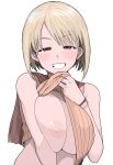  1girl ashley_graham blonde_hair bob_cut breasts breasts_out brown_eyes clothes_lift grin henyaan_(oreizm) highres large_breasts looking_at_viewer medium_hair nipples one_breast_out orange_sweater resident_evil resident_evil_4 shirt_lift sleeveless sleeveless_turtleneck smile solo sweater sweater_around_neck turtleneck white_background wristband 