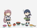  2girls ahoge akebono_(kancolle) bell black_hair black_socks blue_sailor_collar blue_skirt corn cucumber eggplant flower food fruit full_body grey_background hair_bell hair_flower hair_ornament jingle_bell kantai_collection long_hair multiple_girls pleated_skirt purple_hair saiguchi_otoufu sailor_collar school_uniform serafuku short_sleeves shouryouuma side_ponytail simple_background skirt socks squash sweet_potato tomato ushio_(kancolle) very_long_hair watermelon 