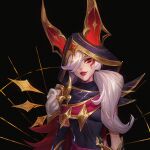  1girl animal_ears arcana_xayah armor bangs black_background black_bodysuit black_cape bodysuit breasts cape fake_animal_ears grey_hair hair_over_one_eye hane_nuo_qing-ko highres hood hood_up league_of_legends long_hair medium_breasts official_alternate_costume parted_lips ponytail red_cape red_eyes red_lips shiny shiny_hair shoulder_armor simple_background slit_pupils smile solo teeth xayah 