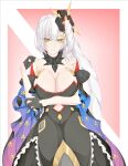  1girl absurdres bangs bare_shoulders black_dress black_gloves breasts cleavage detached_collar dress fate/grand_order fate_(series) gloves hair_ornament half_gloves highres kachihokori_satake large_breasts long_hair looking_at_viewer marie_antoinette_(alter)_(fate) marie_antoinette_(fate) off_shoulder parted_lips side_ponytail solo very_long_hair white_hair yellow_eyes 