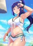  1girl absurdres aqua_bikini arm_up armpits bikini bird blue_hair blue_sky blush breasts cloud day dot_nose front-tie_top glint gold_bracelet hair_bun halterneck highres large_breasts layered_bikini looking_at_viewer love_live! love_live!_sunshine!! matsuura_kanan navel outdoors parted_lips ponytail purple_eyes side-tie_bikini signature sky smile solo stomach swimsuit tsumikiy white_bikini 