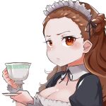  1girl alternate_costume blush braid breasts brown_eyes brown_hair cleavage cup enmaided forehead french_braid frown goodbye_bitmap holding holding_cup idolmaster idolmaster_cinderella_girls looking_at_viewer maid maid_headdress medium_breasts neck_ribbon ribbon seki_hiromi simple_background solo teacup tray upper_body white_background wrist_cuffs 