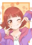  1girl ;d ;q ame_hisame bangs blunt_bangs blush brown_hair collarbone finger_to_cheek highres hood hooded_jacket idolmaster idolmaster_million_live! jacket jewelry looking_at_viewer necklace nonohara_akane one_eye_closed patterned_background purple_jacket smile solo tongue tongue_out upper_body 